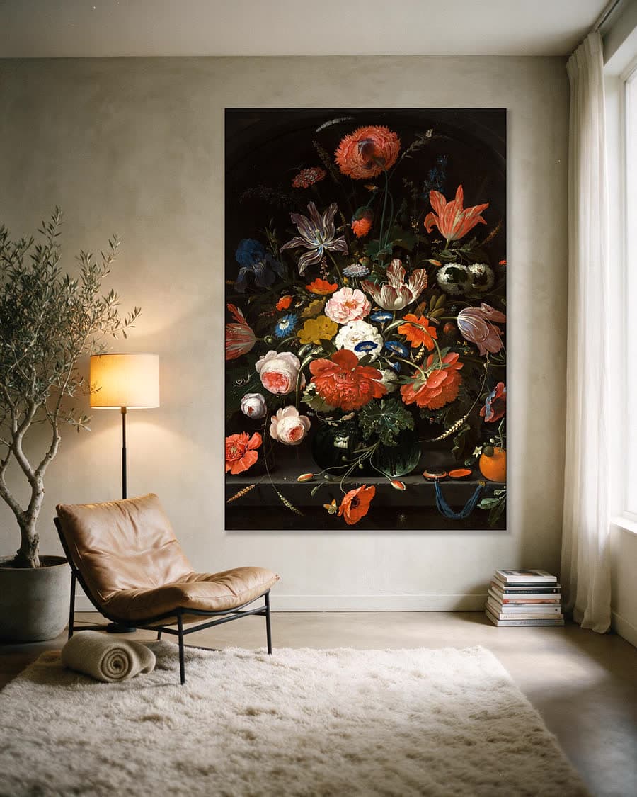 Bloemen in een glazen vaas in een aluminium frame aan dezelfde muur