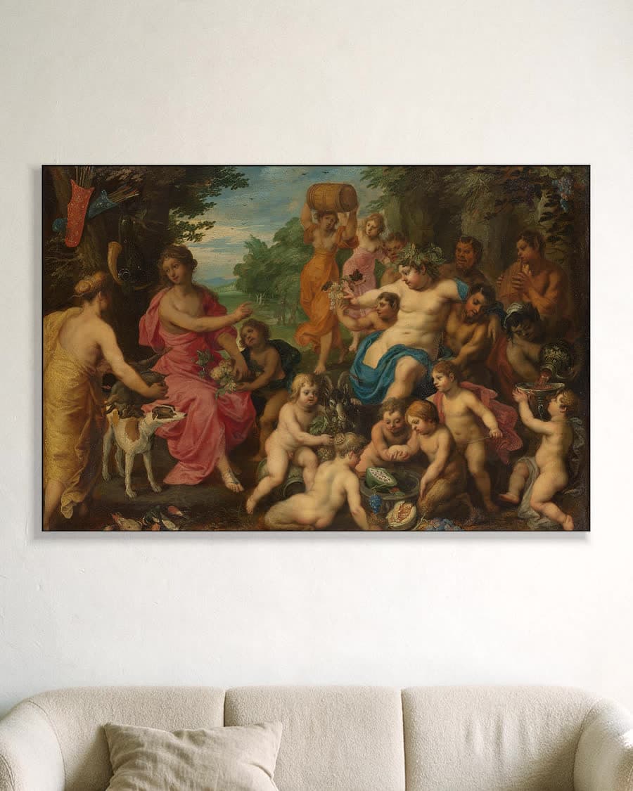 Diana krijgt wijn en fruit aangeboden door Bacchus en zijn gevolg in een aluminium frame aan dezelfde muur