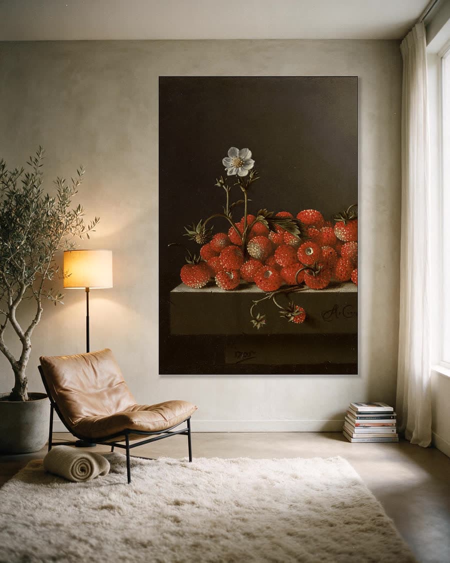 Stilleven met bosaardbeien in een aluminium frame aan dezelfde muur