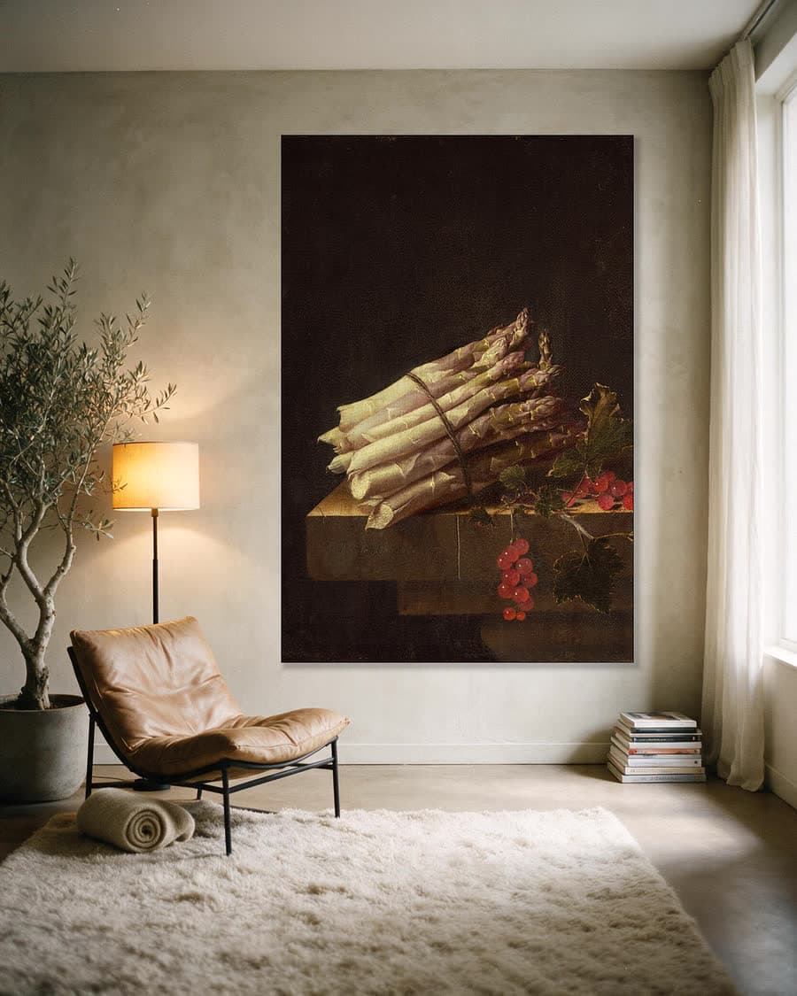 Bundel asperges in een aluminium frame aan dezelfde muur