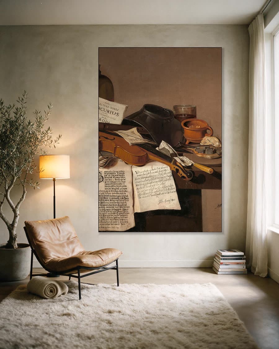 Stilleven met een exemplaar van De Waere Mercurius in een aluminium frame aan dezelfde muur