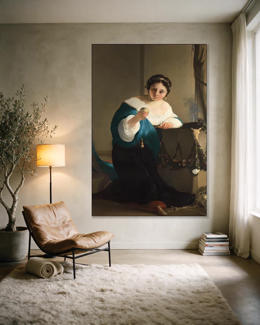 Cydippe met de appel van Acontius in een aluminium frame aan dezelfde muur