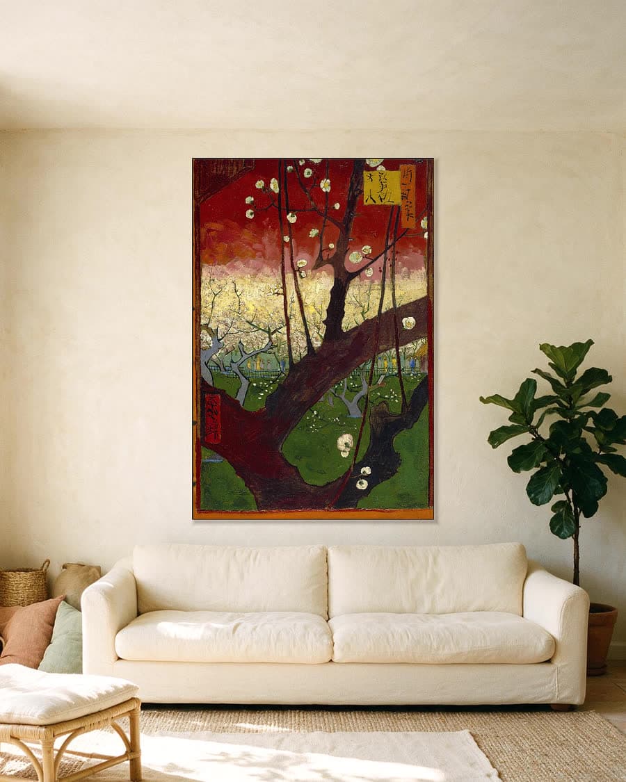 Bloeiende pruimenboomgaard naar Hiroshige in een aluminium frame aan dezelfde muur