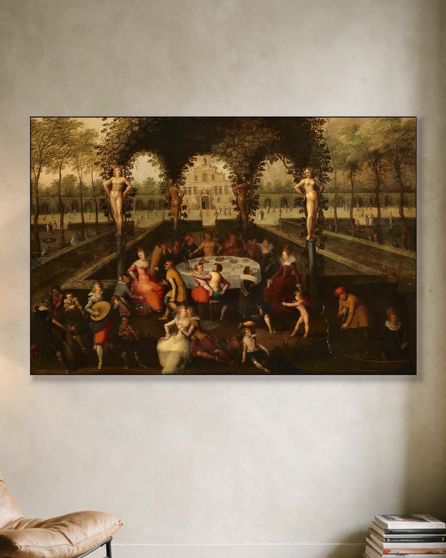 Venus, Bacchus en Ceres met stervelingen in een minnetuin in een aluminium frame aan dezelfde muur