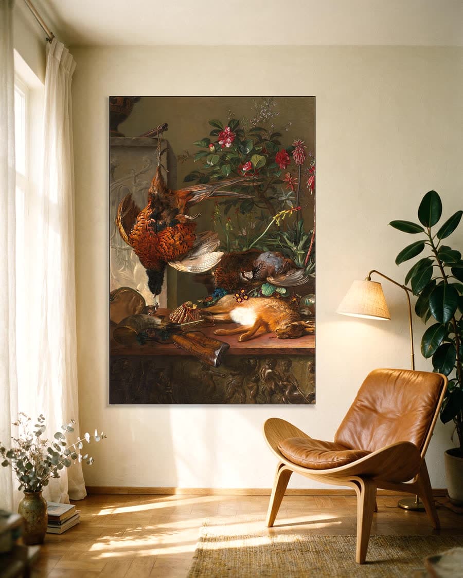 Stilleven met jachtbuit en Griekse stèle: allegorie op de herfst in een aluminium frame aan dezelfde muur