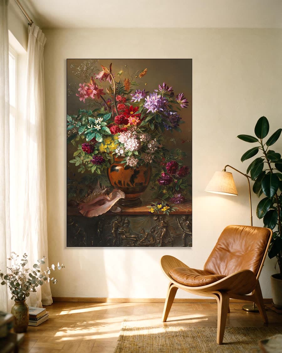 Stilleven met bloemen in een Griekse vaas: allegorie op de lente in een aluminium frame aan dezelfde muur