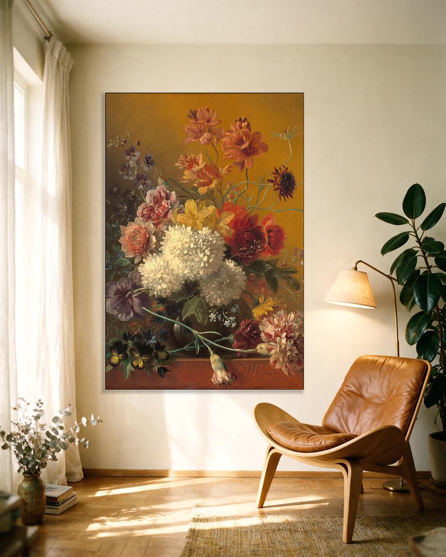 Stilleven met bloemen in een aluminium frame aan dezelfde muur