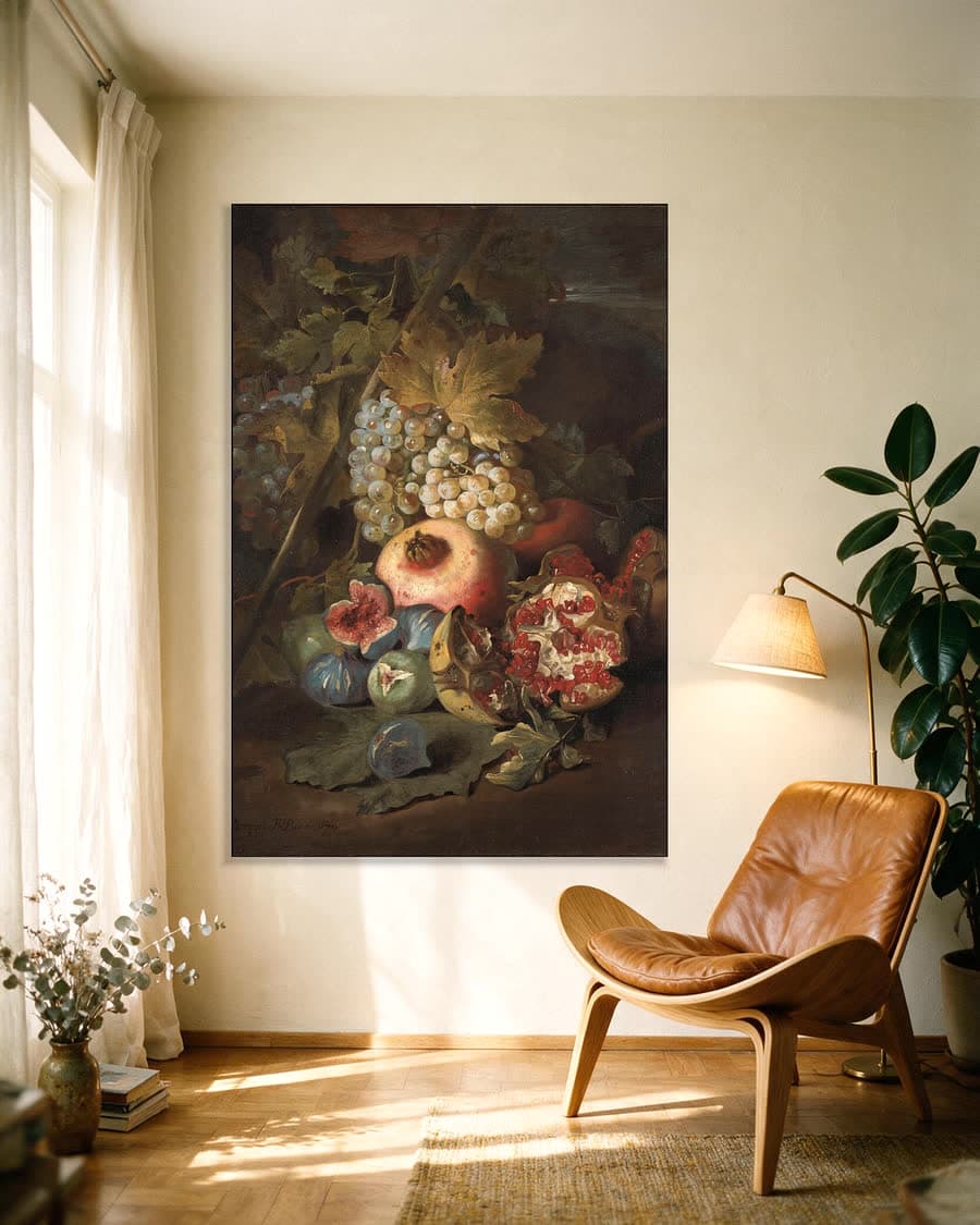 Trossen druiven, granaatappels en vijgen in een landschap in een aluminium frame aan dezelfde muur