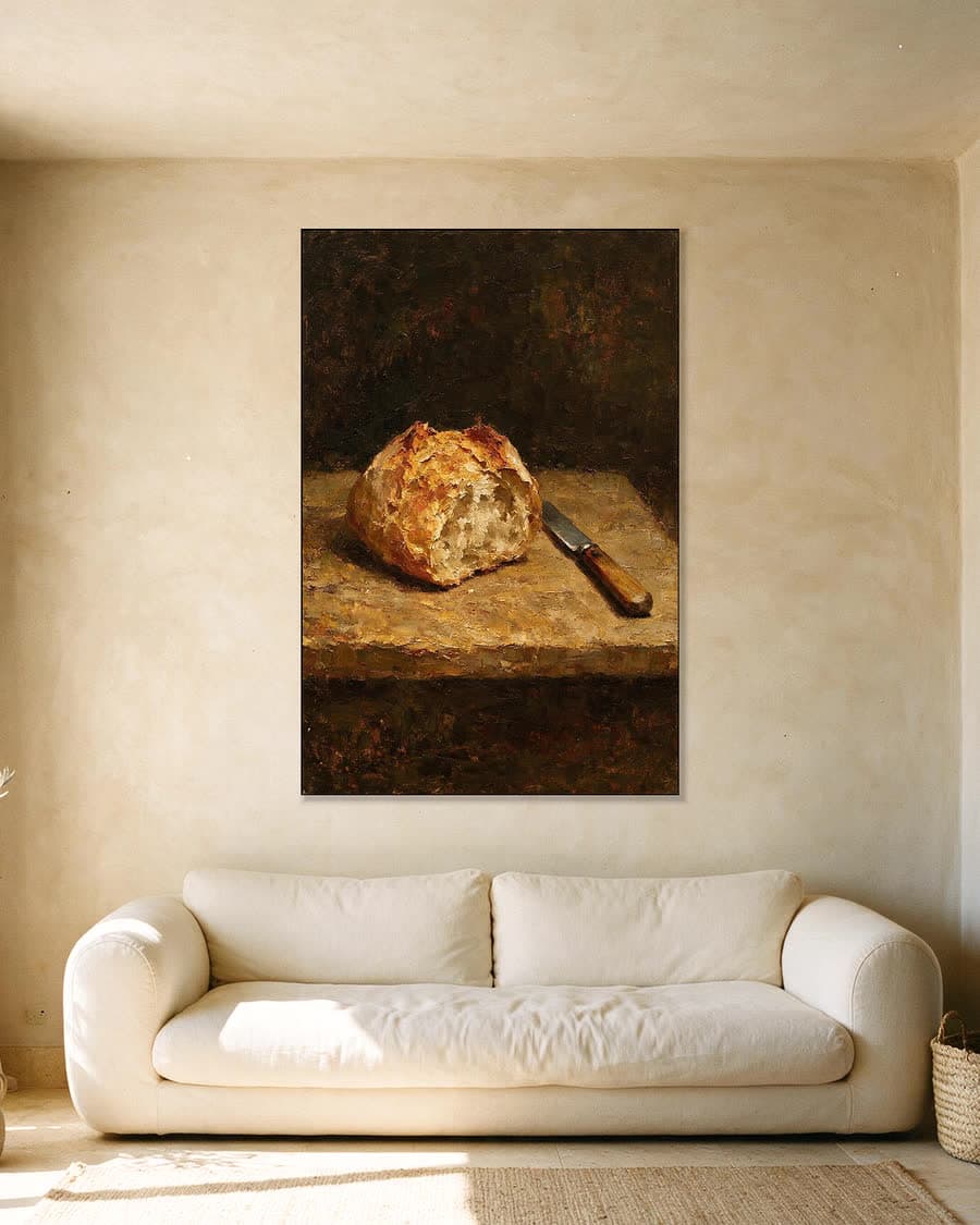 Brood en een mes in een aluminium frame aan dezelfde muur
