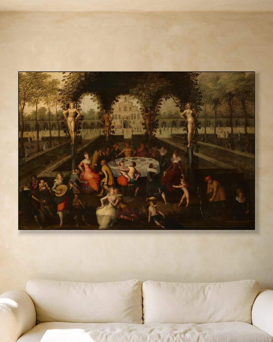Venus, Bacchus en Ceres met stervelingen in een minnetuin in een aluminium frame aan dezelfde muur