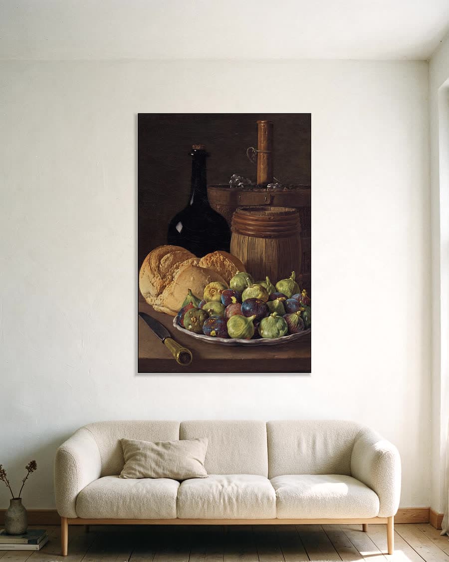 Stilleven met vijgen en brood in een aluminium frame aan dezelfde muur