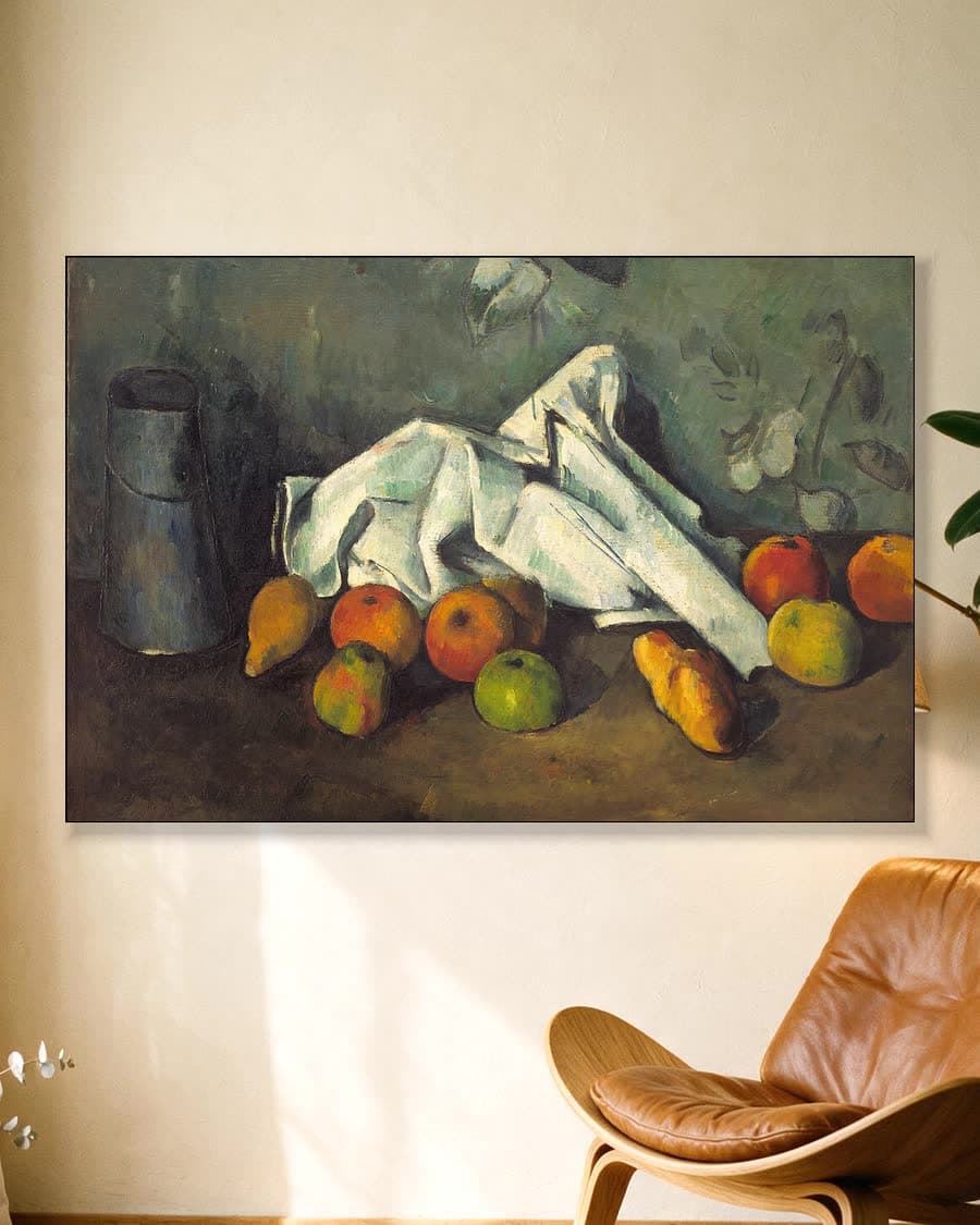 Melkkan en appels in een aluminium frame aan dezelfde muur
