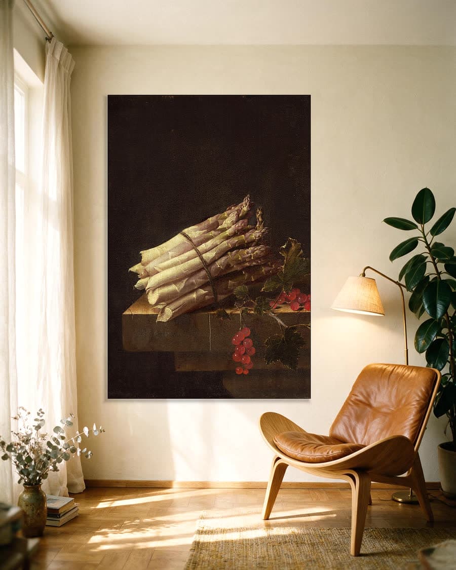 Bundel asperges in een aluminium frame aan dezelfde muur