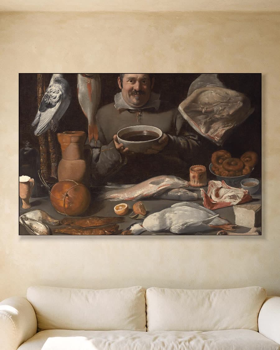 Keukenstuk (bodegón) in een aluminium frame aan dezelfde muur