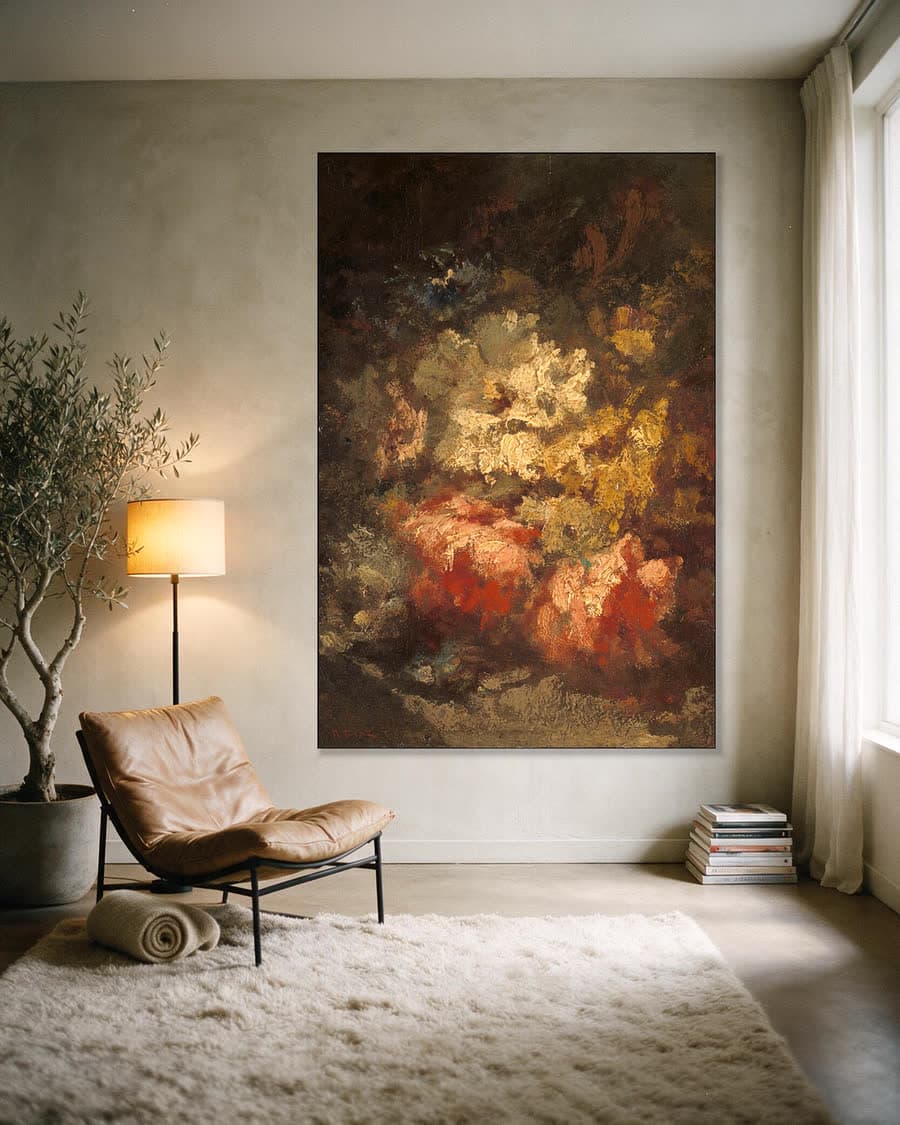 Stilleven met witte en rode rozen in een aluminium frame aan dezelfde muur