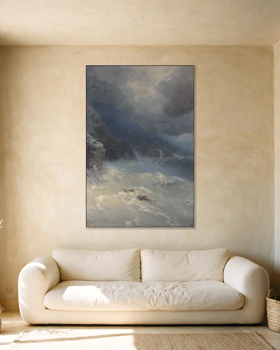 Storm bij Kaap Aja in een aluminium frame aan dezelfde muur