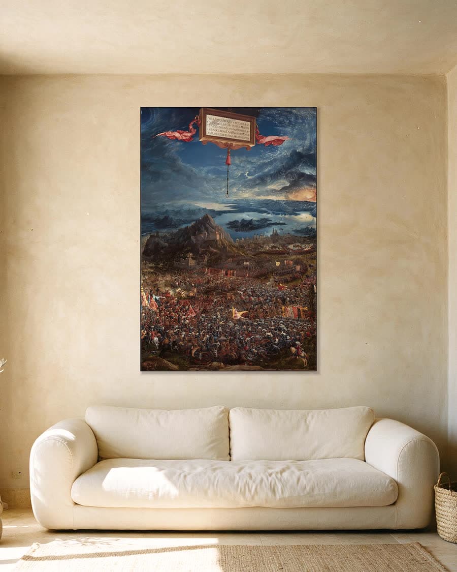 De slag bij Issus in een aluminium frame aan dezelfde muur