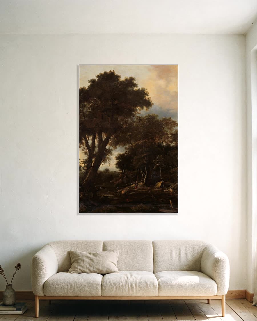 Boslandschap met hut in een aluminium frame aan dezelfde muur