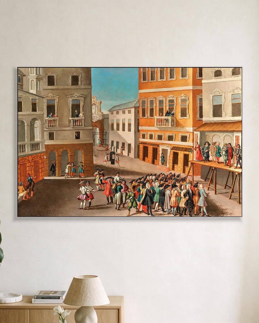 Straatleven in de stad in een aluminium frame aan dezelfde muur