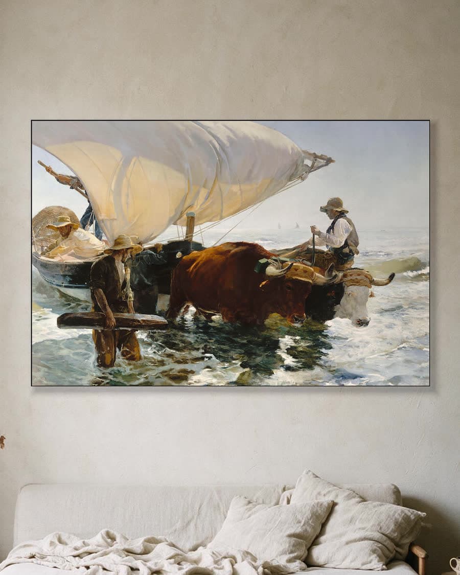 De terugkeer van de vissersboten in een aluminium frame aan dezelfde muur