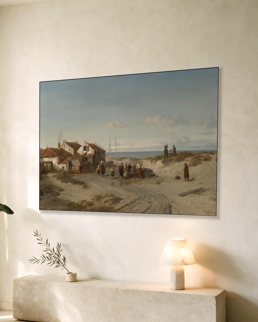 Strandgezicht bij Noordwijk aan Zee in een aluminium frame aan dezelfde muur