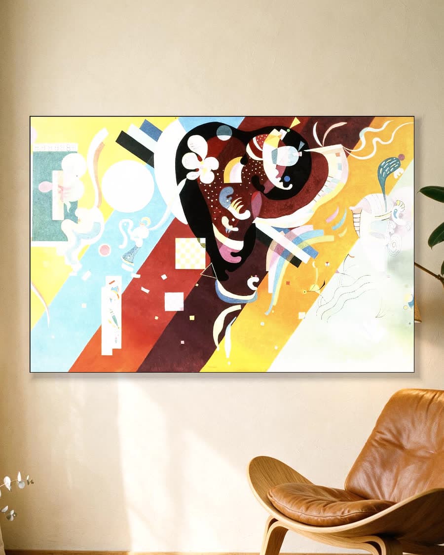 Kleurrijke compositie in een aluminium frame aan dezelfde muur