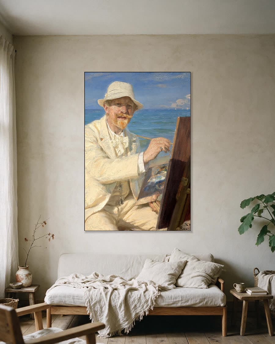 Zelfportret bij de ezel op het strand van Skagen in een aluminium frame aan dezelfde muur