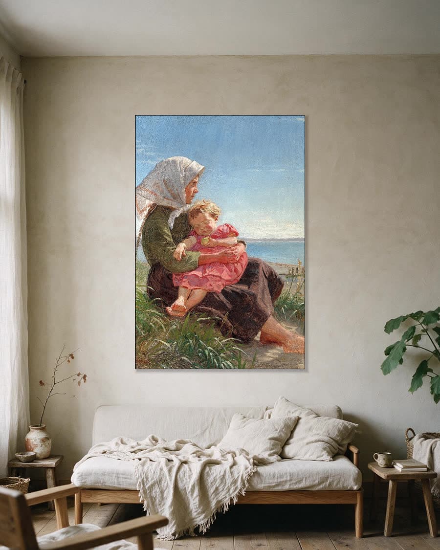 Klein meisje op blote voeten bij het strand van Hornbæk in een aluminium frame aan dezelfde muur