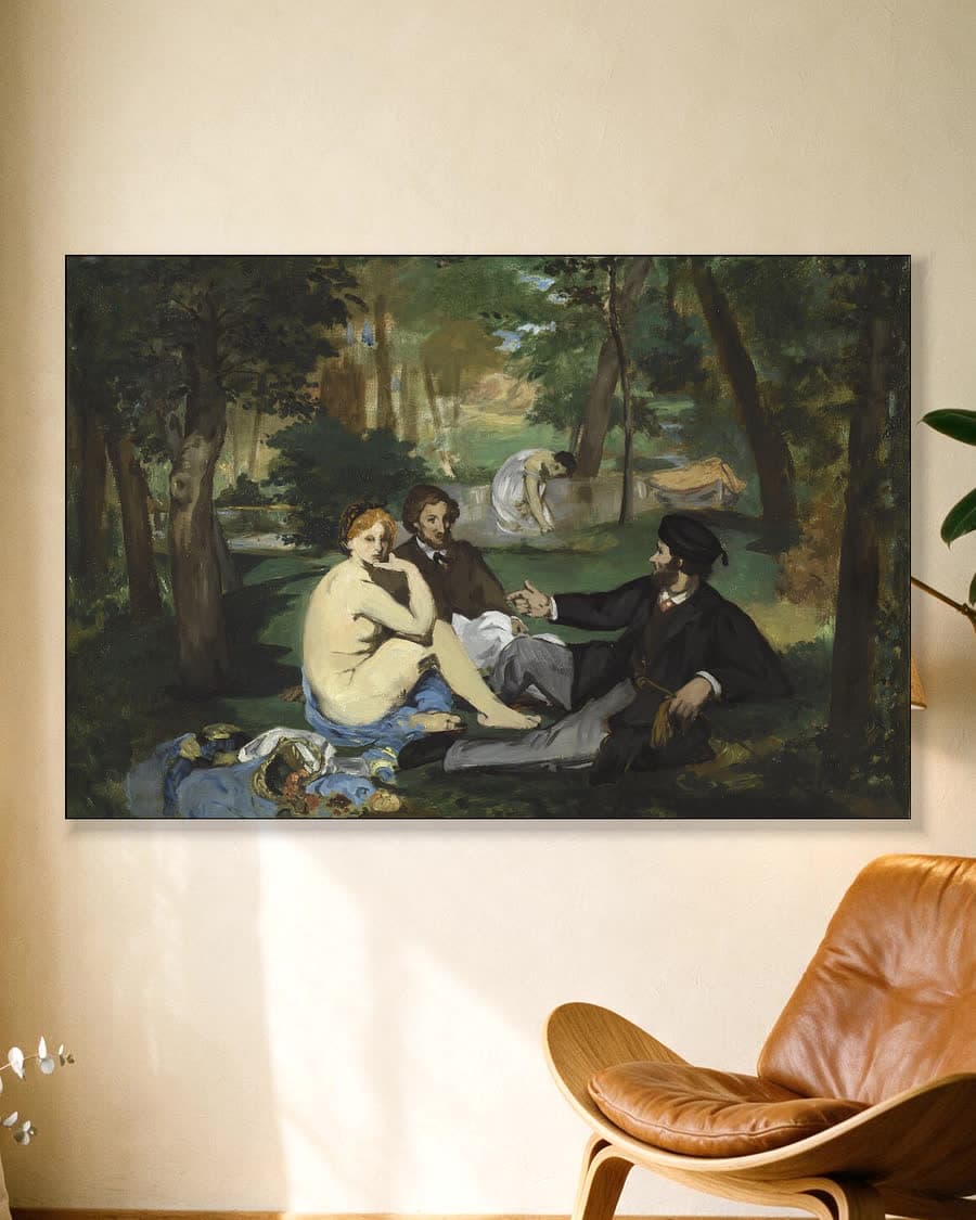 Studie voor het ontbijt in het gras in een aluminium frame aan dezelfde muur