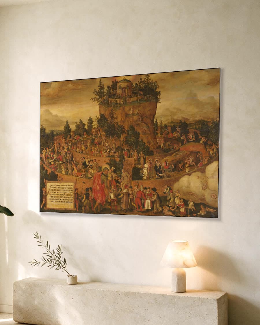 Tabula Cebetis, of de reis van het menselijk leven in een aluminium frame aan dezelfde muur