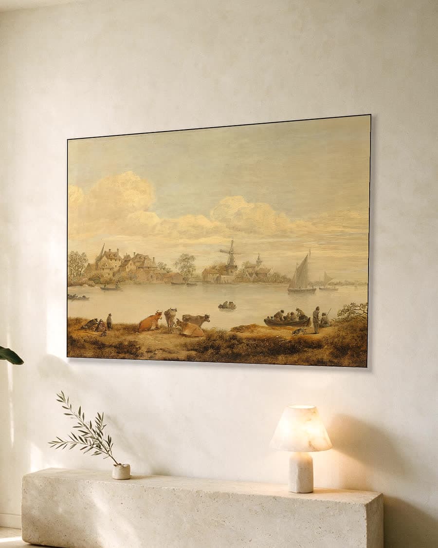 Gezicht op een rivier in een aluminium frame aan dezelfde muur