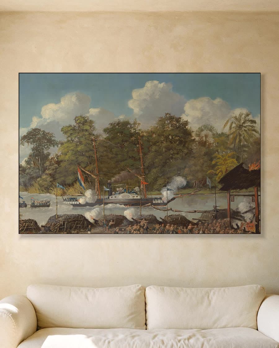 Tafereel uit de Kongsi-oorlogen, West-Kalimantan 1853 in een aluminium frame aan dezelfde muur