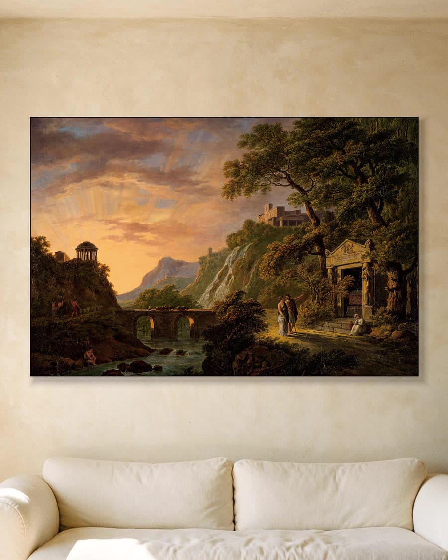Arcadisch landschap met ondergaande zon in een aluminium frame aan dezelfde muur