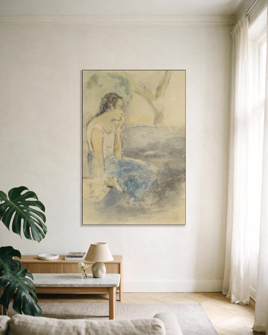Zittende Tahitiaan in een aluminium frame aan dezelfde muur