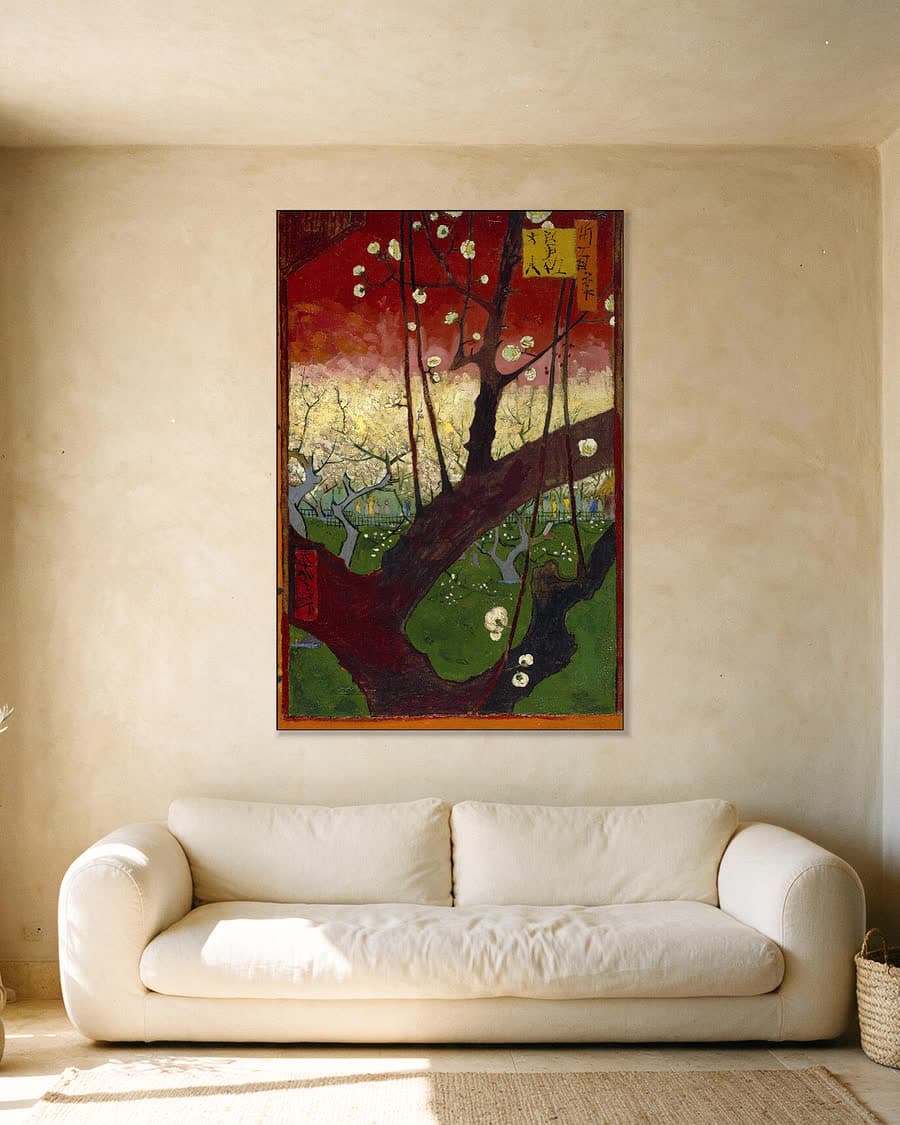 Bloeiende pruimenboomgaard naar Hiroshige in een aluminium frame aan dezelfde muur