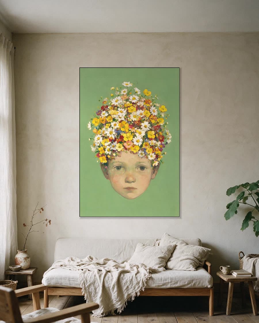 Kind met madelieven in een aluminium frame aan dezelfde muur