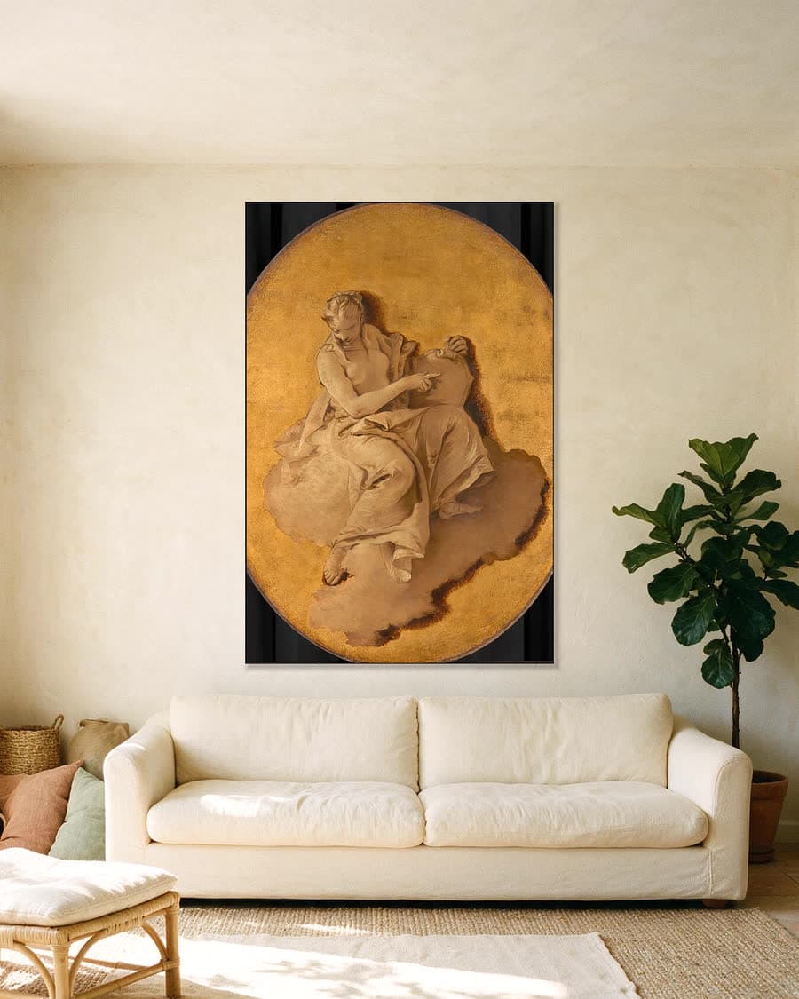 Allegorische vrouwenfiguur met een schild of spiegel (wellicht Voorzichtigheid) in een aluminium frame aan dezelfde muur