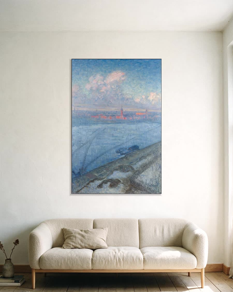 De stad bij zonsondergang in een aluminium frame aan dezelfde muur