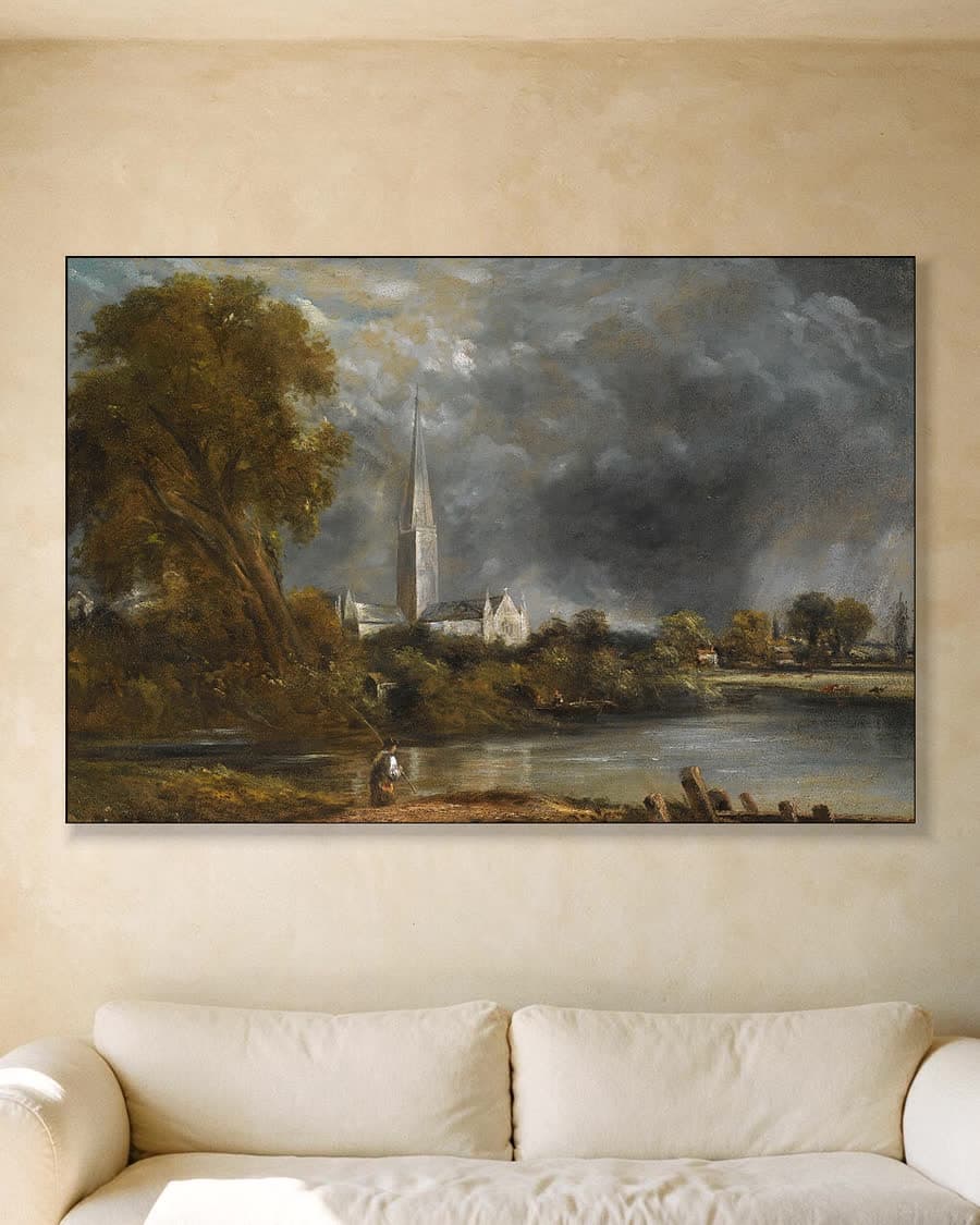 Salisbury Cathedral from the Meadows in een aluminium frame aan dezelfde muur
