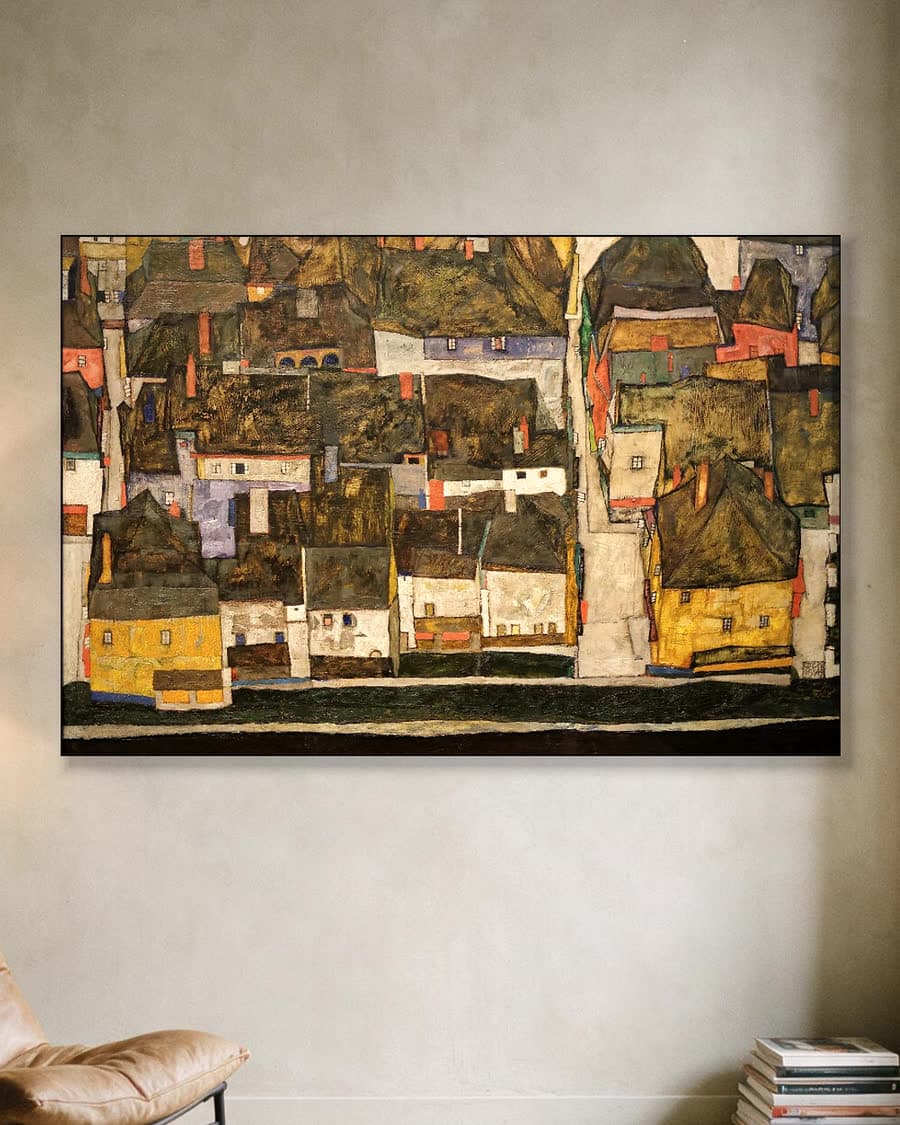 De kleine stad IV (Krumau aan de Moldau) in een aluminium frame aan dezelfde muur