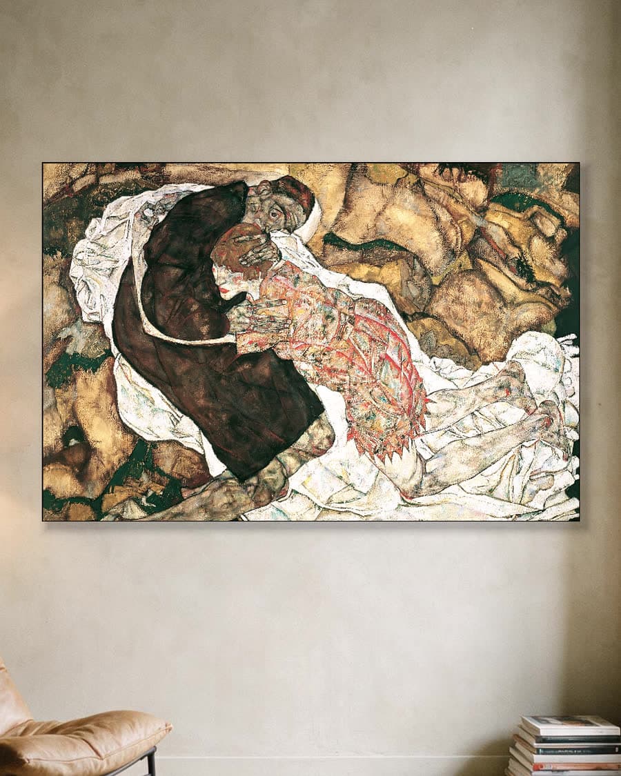Dood en het meisje in een aluminium frame aan dezelfde muur