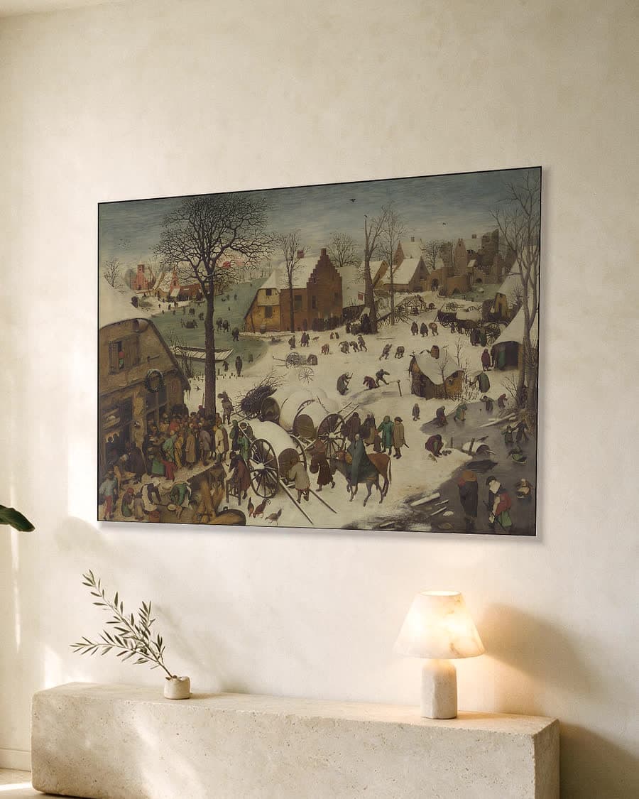 De volkstelling in Bethlehem in een aluminium frame aan dezelfde muur