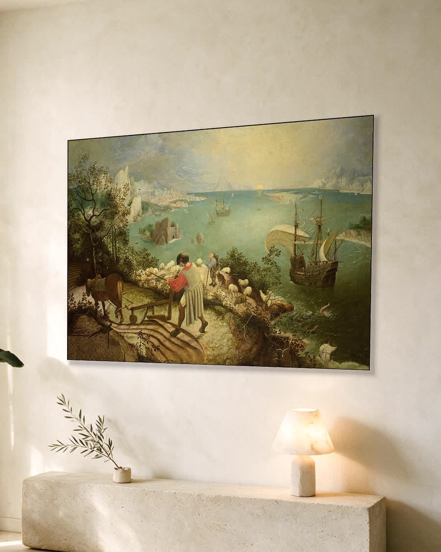 Landschap met de val van Icarus in een aluminium frame aan dezelfde muur