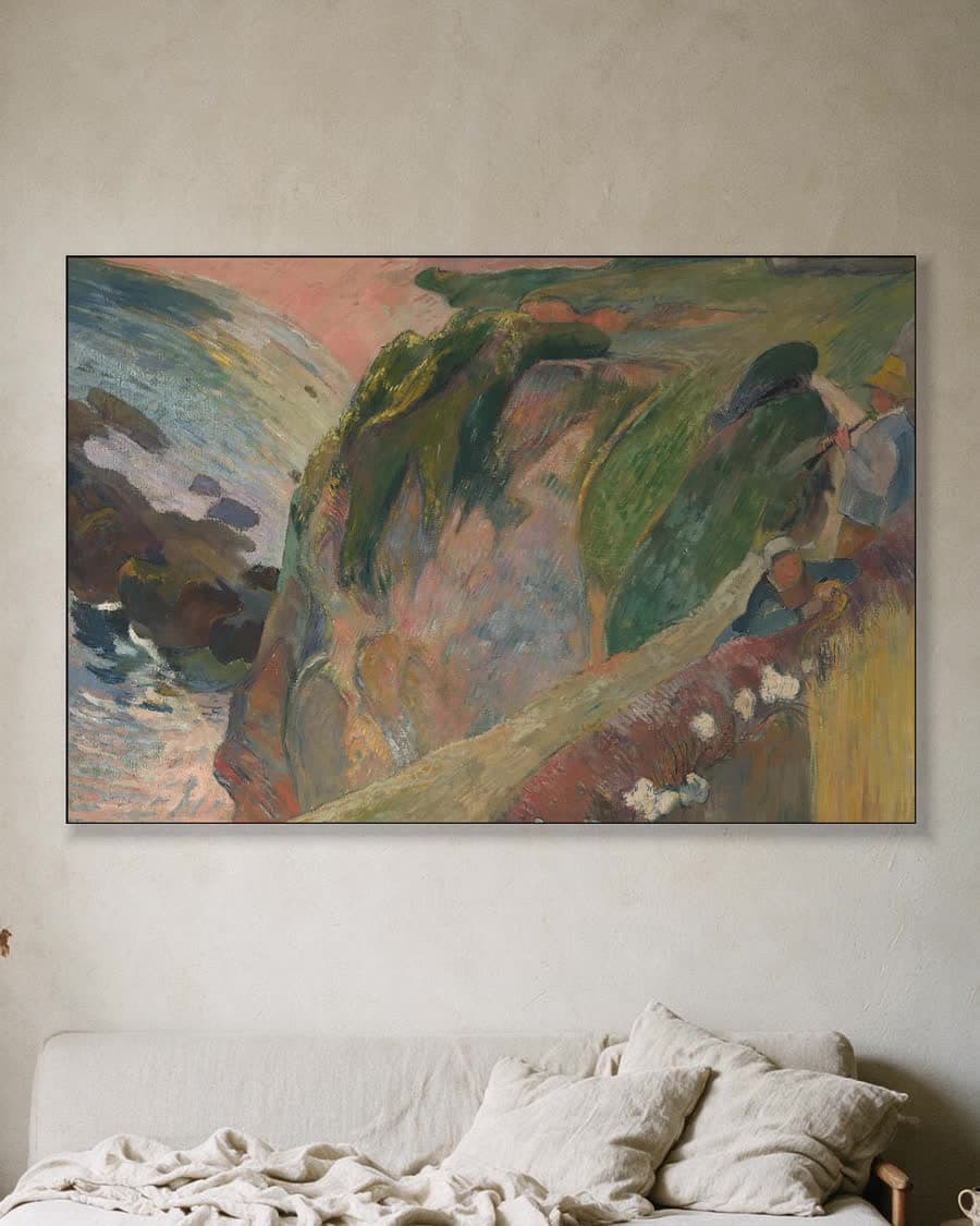De flageoletspeler op de klif in een aluminium frame aan dezelfde muur