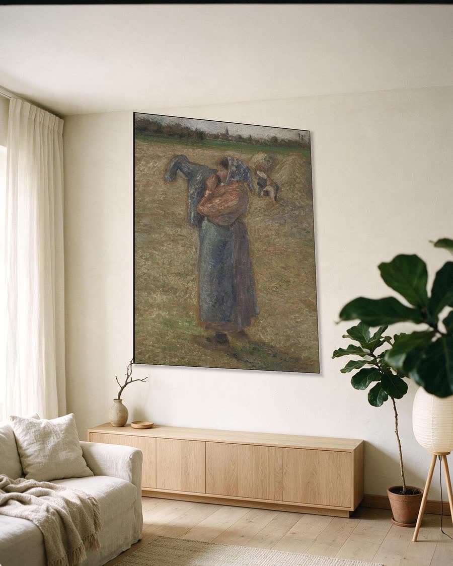 Boerin op het veld in een aluminium frame aan dezelfde muur