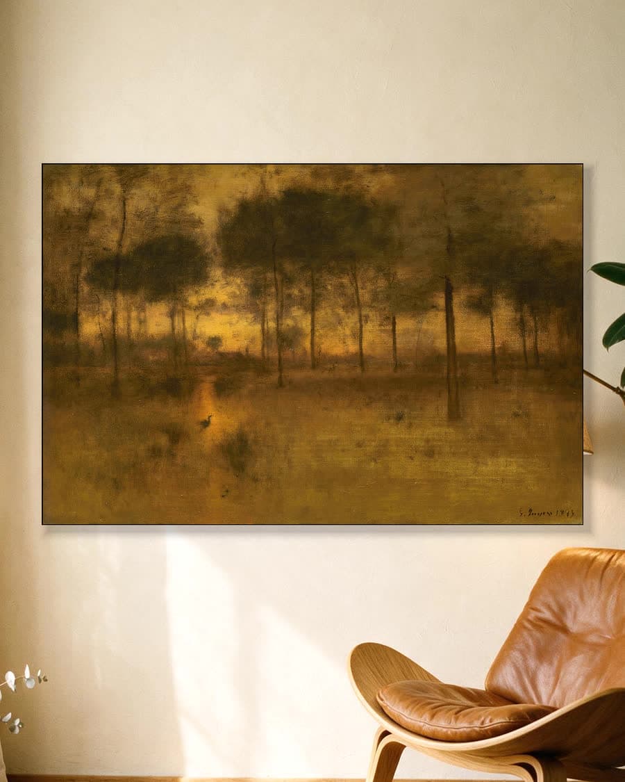 The Home of the Heron (1893) in een aluminium frame aan dezelfde muur