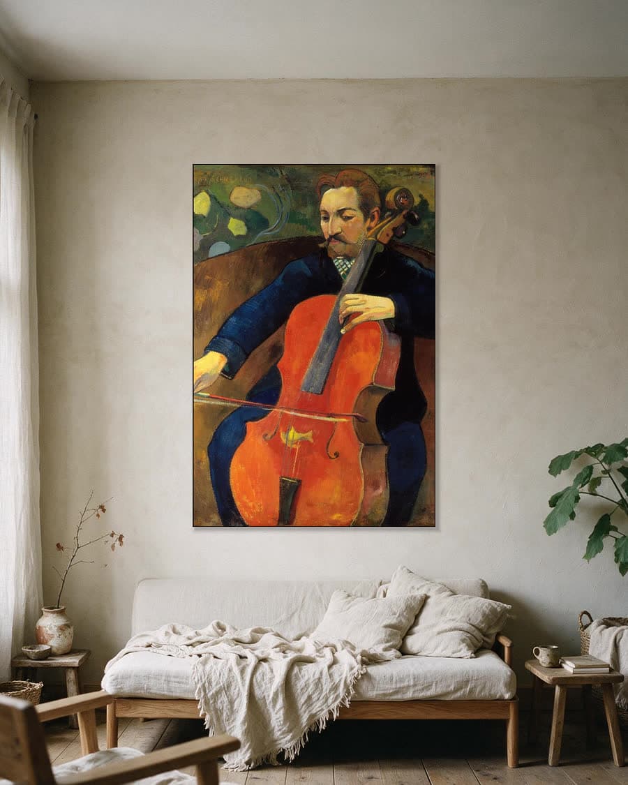 Portret van cellist Schneklud in een aluminium frame aan dezelfde muur