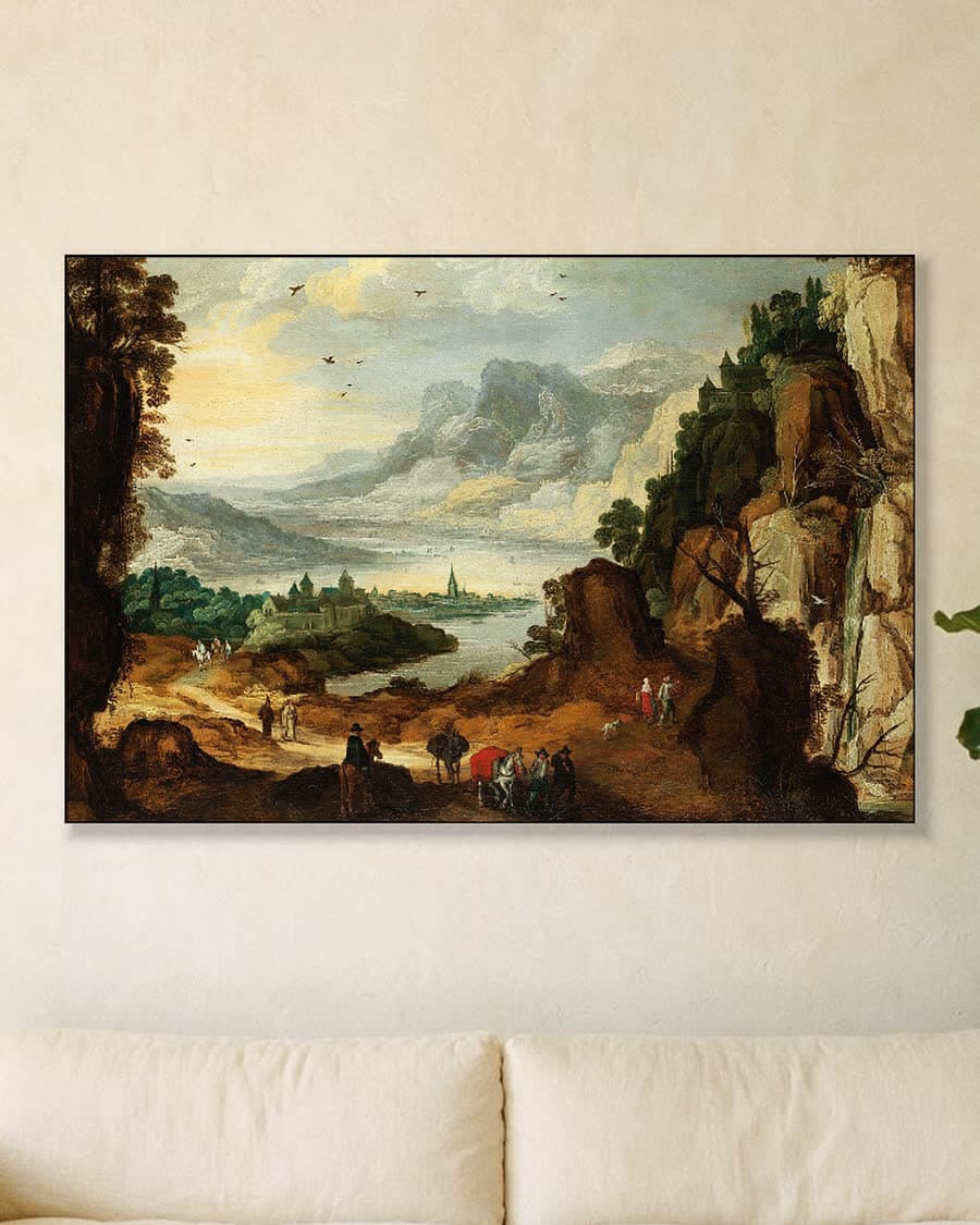 Berglandschap met rivier en stad in een aluminium frame aan dezelfde muur