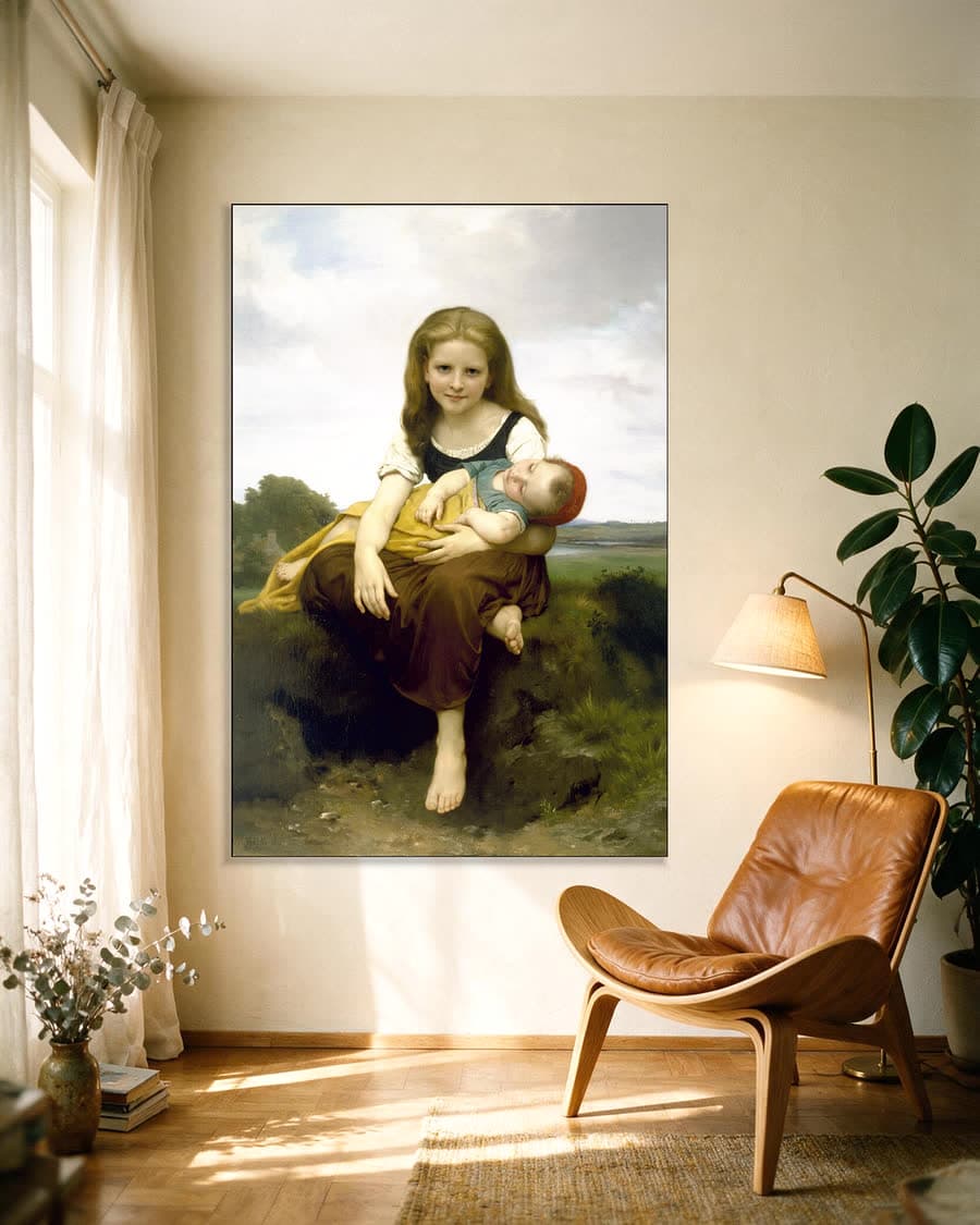 De oudste zus in een aluminium frame aan dezelfde muur