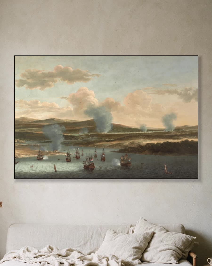 Tocht naar Chatham, 1667: de Nederlandse vloot in de monding van de Medway in een aluminium frame aan dezelfde muur